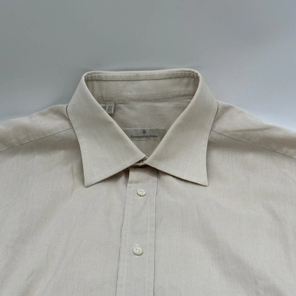 Ermenegildo Zegna Mens Beige Micro Stripe Cotton Button Down‎ Shirt Size 42 16.5